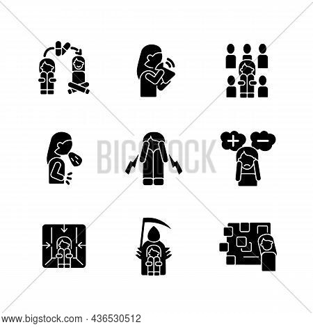 Phobias And Its Symptoms Black Glyph Icons Set On White Space. Vomiting And Nausea. Hyperventilation