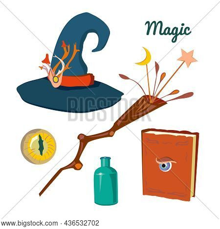 Magic Items Set With Witchs Hat, Eyes, Potion In Bottle, Magic Wand, Book With Spells. Wizard Attrib