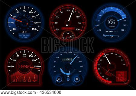 Car Speedometers. Racing Speedometer, Speed Scales In Auto. Car Dashboard, Fast Accelerate Interface