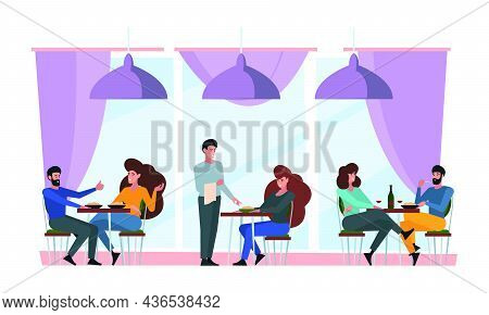 Restaurant Interior. Friend Talking And Meeting In Bar Or Coffee Woman And Men Various Persons Have 
