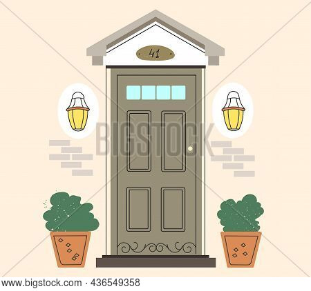 Retro-vintage Front Door. Brick Wall. The Exterior Of The House. Entrance To The House. A Pot Of Her