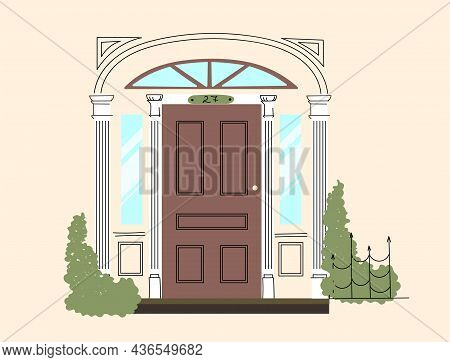 Retro-vintage Antique, Columns Front Door. Brick Wall. The Exterior Of The House. Entrance To The Ho