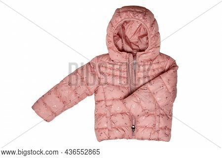 Childrens Winter Jacket. Stylish Pink Warm Winter Down Jacket For Kids Isolated On A White Backgroun