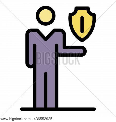 Man And Shield Over Palm Icon. Outline Man And Shield Over Palm Vector Icon Color Flat Isolated