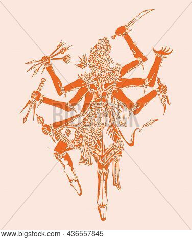 Sketch Powerful Hindu Goddess Durga Ma Or Kali Mata Outline And Silhouette Illustration With Trident