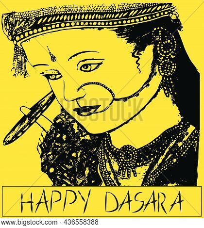 Sketch Powerful Hindu Goddess Durga Ma Or Kali Mata Outline And Silhouette Illustration With Trident