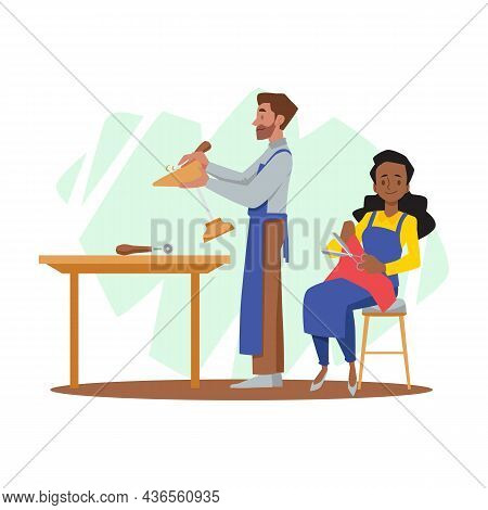 Shoe Work Shop Cartoon Vector Concept. Smilling Woman Sit On The Chair Cutting Leather Sheet With Sc