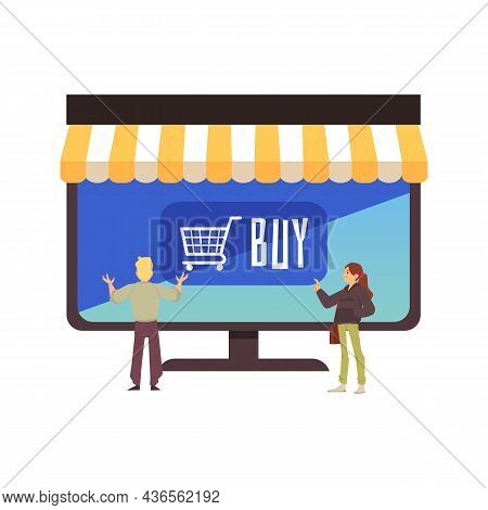 Online Shopping With People Near Computer, Flat Vector Illustration Isolated.