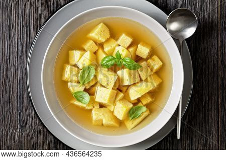 Zuppa Royale Alla Bolognese Con Brodo, Italian Soup Of Chicken Broth With Parmesan Egg Dumplings Spr