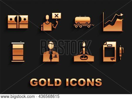 Set Businessman Or Stock Market Trader, Oil Price Increase, Contract Money And Pen, Rig With Fire, B