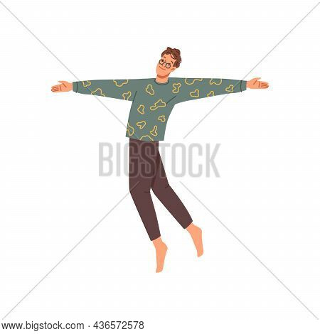 Happy Freedom Man Flying In Air, Euphoric Feeling Of Joy And Happiness, Flat Cartoon Character. Vect