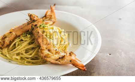 Seafood Spaghetti With Shrimps And Olive Oil With Natural Light