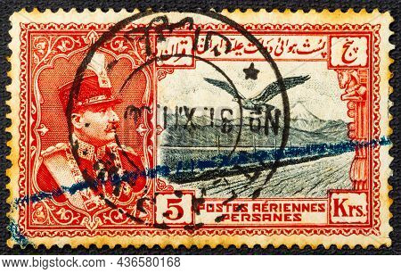 Stamp Printed In Iran Showing The Portrait Of The Iranian Shah, Reza Shah Pahlavi, Circa 1929.