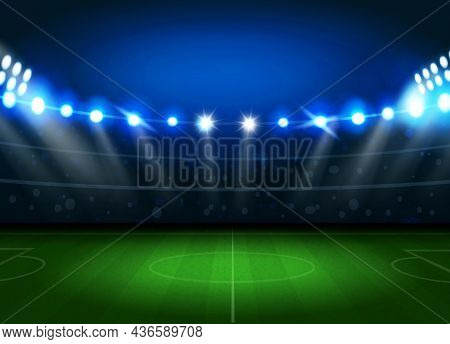European Football Arena Field. Soccer Arena Realistic Stadium With Geen Grass And Lights. Vector