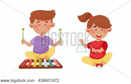 Children Playing Musical Instruments Set. Cirl And Boy Playing Xylophone And Triangle Cartoon Vector