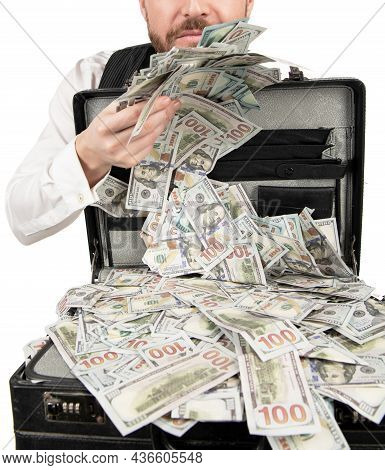 Investment. Cropped Businessman With Money Bag. Investor Hold Case With Dollars Cash
