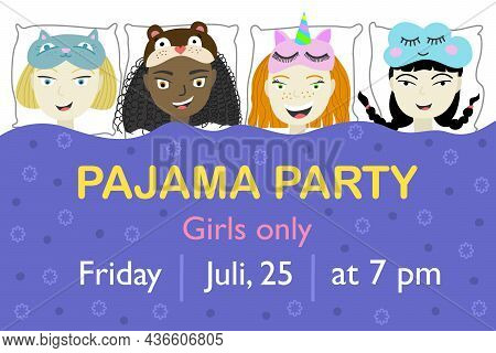 Pajama Party. Vector Pajama Party Invitation And Poster Template. Four Girls Of Different Nationalit