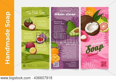 Handmade Natural Soap Poster Set Vector Illustration. Skin Care Cosmetic Product Advertising Promo