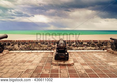 Old Cannon At Sohail Castle In Fuengirola, Near Malaga Spain. Tourist Attraction. Intersting Place T
