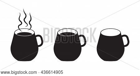 Set Of Black Mug Icon. Hot Drink. Coffee Or Tea Cup. Silhouette Design. Flat Art. Vector Illustratio