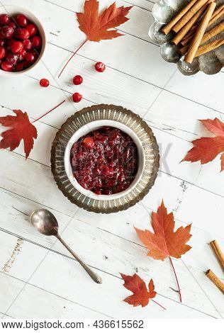 Top Down View Of A Bowl Of Homemade Cranberry Sauce For Thanksgiving.