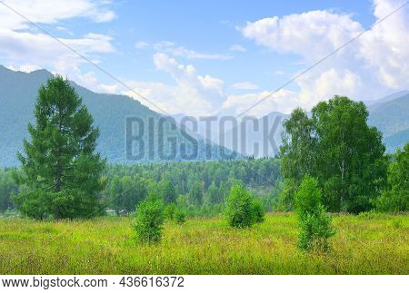 A Green Clearing Against The Background Of Trees And High Mountains In A Haze Under A Blue Cloudy Sk