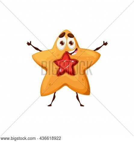 Shortbread Star Cookie Character. Crunchy Dessert Food Cute Vector Personage With Smiling Face, Swee
