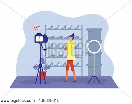 The Woman Is Recording Video For Her Followers And Sell Shose.online Shop Vector Flat Cartoon Illust