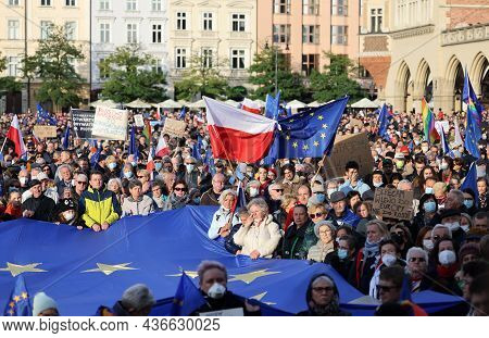 Cracow; Poland - Oct 10; 2021: We Stay; The Government Leaves! People Protest Against The Verdict Of
