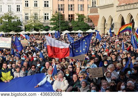 Cracow; Poland - Oct 10; 2021: We Stay; The Government Leaves! People Protest Against The Verdict Of