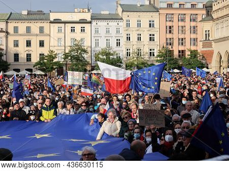 Cracow; Poland - Oct 10; 2021: We Stay; The Government Leaves! People Protest Against The Verdict Of