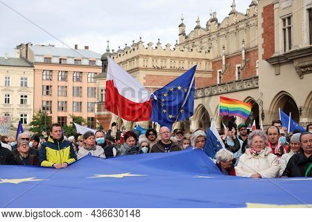 Cracow; Poland - Oct 10; 2021: We Stay; The Government Leaves! People Protest Against The Verdict Of