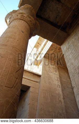 Nubia - Egypt - May 10, 2015: Ancient Pillars, Hieroglyphics And Egyptian Statues At The Temple Of E