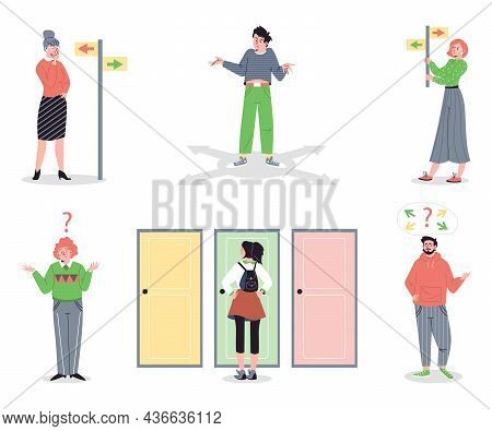 Set Of Images Of People Choosing Wrong, Right Directions In Flat Cartoon Style