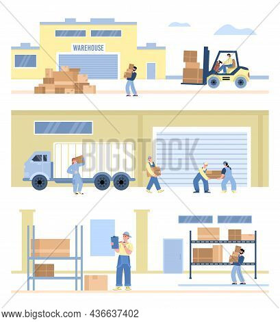 Set Banners With Workers Of Warehouse, Flat Vector Illustration Isolated.