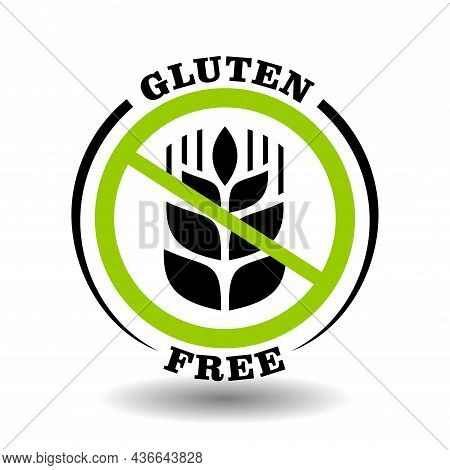 Round Icon Gluten Free With Prohibited Wheat Ear For Healthy Food Packaging. Circle Label With Simpl