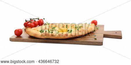 Fresh Delicious Adjarian Khachapuri With Microgreens And Tomatoes On White Background
