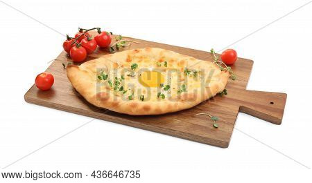 Fresh Delicious Adjarian Khachapuri With Microgreens And Tomatoes On White Background