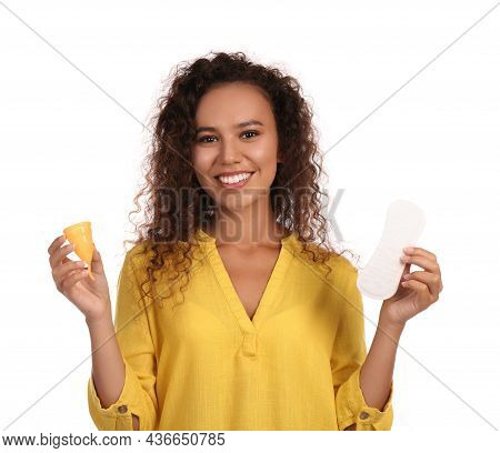 Young African American Woman With Menstrual Cup And Pantyliner On White Background
