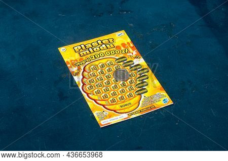 Jastrzebia Gora, Poland - July 21, 2021: Polish Lotto Lottery Scratch Card With 1 Pln Coin.