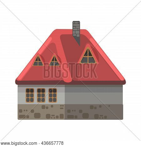 Small Country House With Gpay Stone Walls And Red Roofs. Funny Cartoon Style. Country Suburban Villa