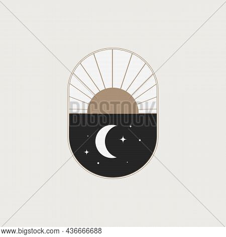 Abstract Boho Minimalistic Illustration - Sun And Moon. Day And Night Emblem Or Logo. Art, Modern Ho