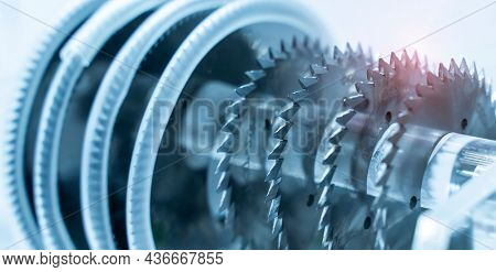 Metal silver circular saw blades for work as industrial tool background