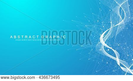 Digits Abstract Background With Connected Line And Dots, Wave Flow. Digital Neural Networks. Network