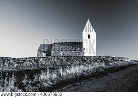 Trans Kirke, White Little Church On Bovbjerg Klint In Denmark.