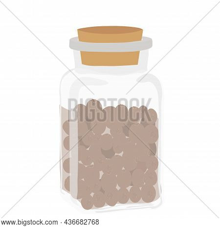 Black Pepper Vector Stock Illustration. A Jar Of Spices. Cooking, Recipe. Grains Of Spicy Seasoning.