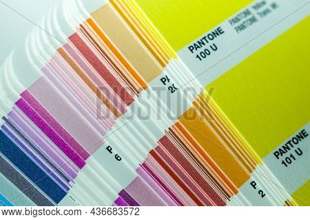 Pantone System. Color Samples. Color Palette. Cardboard Cards With A Sample And Color Code. Selectiv