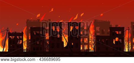 Burning City Ruins In Fire, Destroyed Town Houses, War Or Natural Disaster Background