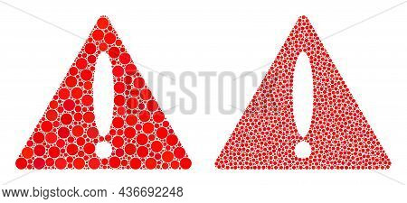 Pixelated Warning Triangle Icon. Mosaic Warning Triangle Icon United From Circle Parts In Different 