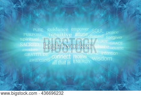 Zooming Lightworker Word Tag Cloud - Watery Wispy Turquoise Blue Background With A Zooming Outward L